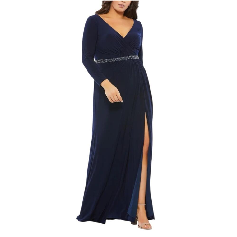 NWOT Mac Duggal Beaded Belt Long Sleeve V-Neck Navy Jersey Side Slit Gown 22W